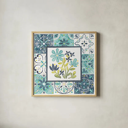 Garden Getaway Patchwork I by Laura Marshall. Shown in a natural wood glass frame for a timeless modern aesthetic. Available as an archival giclee rolled canvas, fine art paper, or poster print. SKU 34449a.