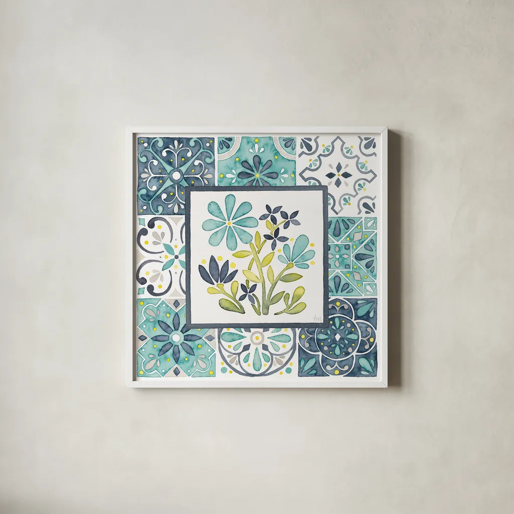 Garden Getaway Patchwork I by Laura Marshall. Shown in a crisp white glass frame for a clean and minimalist style. Available as an archival giclee rolled canvas, fine art paper, or poster print. SKU 34449a.