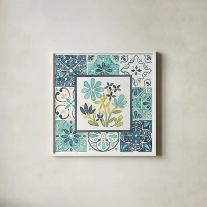 Garden Getaway Patchwork I by Laura Marshall. Shown in a crisp white glass frame for a clean and minimalist style. Available as an archival giclee rolled canvas, fine art paper, or poster print. SKU 34449a.