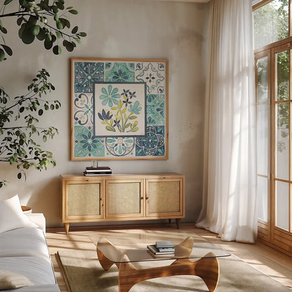 Garden Getaway Patchwork I by Laura Marshall. Shown in a natural wood frame in a cozy modern living room. Available as an archival giclee rolled canvas, fine art paper, or poster print. SKU 34449a.