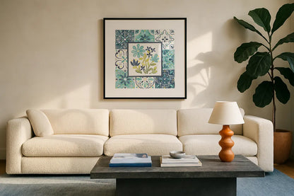 Garden Getaway Patchwork I by Laura Marshall. Displayed in a glass frame with matte in a clean modern living room. Available as an archival giclee rolled canvas, fine art paper, or poster print. SKU 34449a.