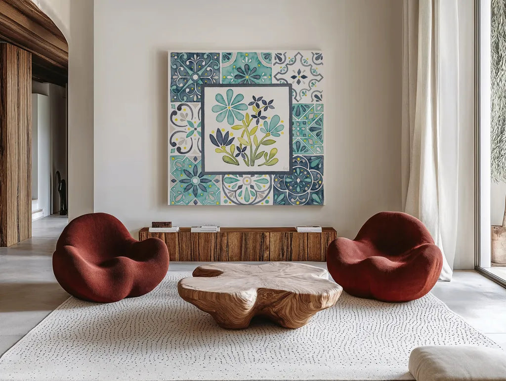 Garden Getaway Patchwork I by Laura Marshall. Shown as extra-large giant wall art in a modern living room. Available as an archival giclee rolled canvas, fine art paper, or poster print. SKU 34449a.