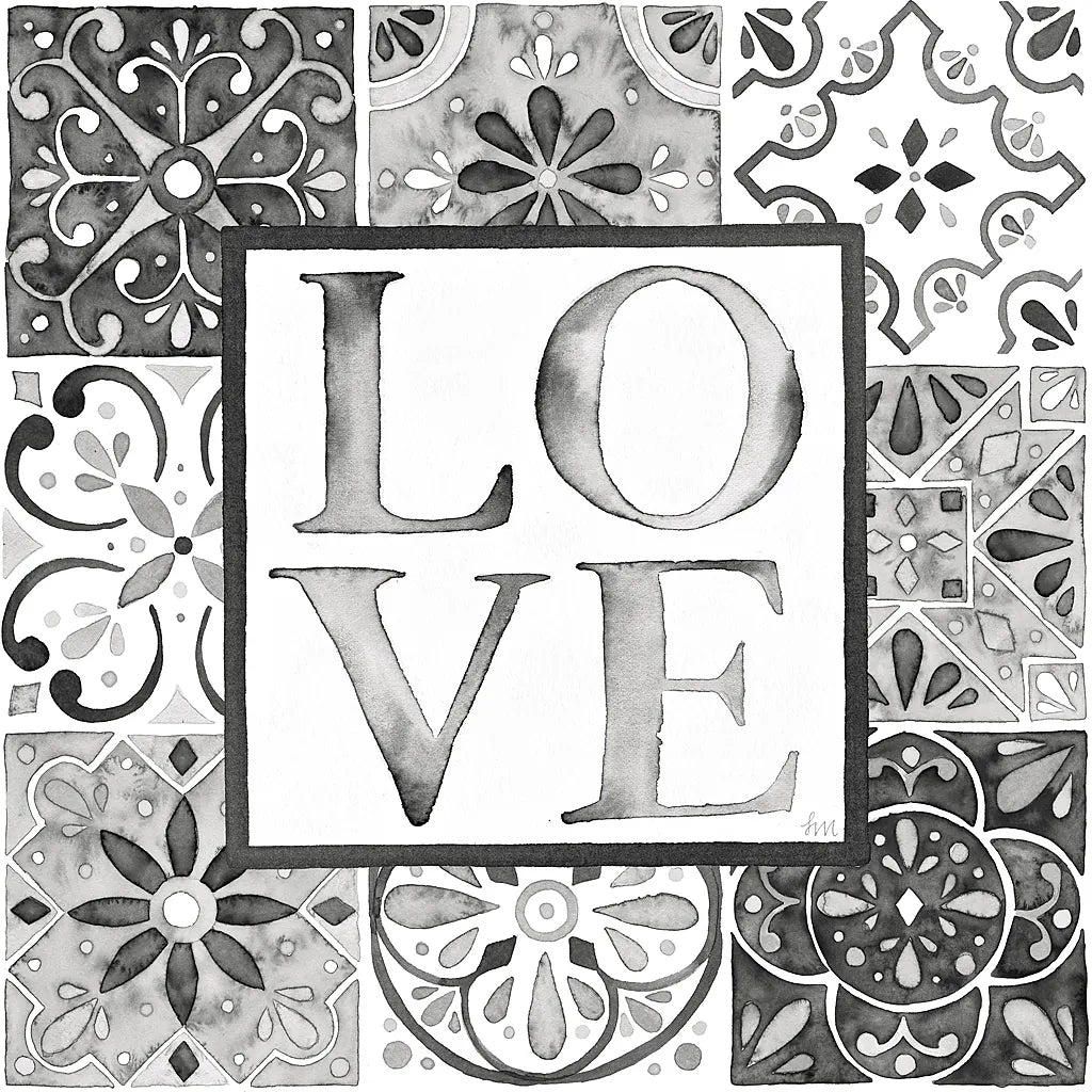 Garden Getaway Patchwork I Love BW by Laura Marshall. SKU 34568a. Archival Giclee Fine art print for wall decor.