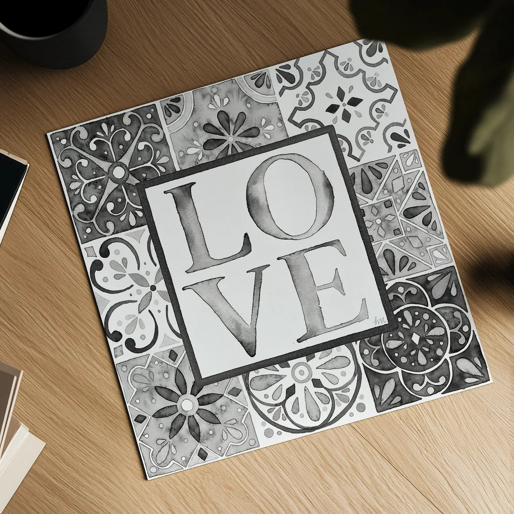 Garden Getaway Patchwork I Love BW by Laura Marshall. Shown as a detailed flat fine art print, highlighting archival giclee quality. Available as an archival giclee rolled canvas, fine art paper, or poster print. SKU 34568a.