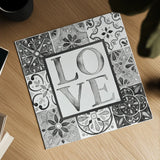 Garden Getaway Patchwork I Love BW by Laura Marshall. Shown as a detailed flat fine art print, highlighting archival giclee quality. Available as an archival giclee rolled canvas, fine art paper, or poster print. SKU 34568a.