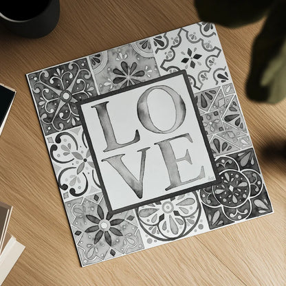 Garden Getaway Patchwork I Love BW by Laura Marshall. Shown as a detailed flat fine art print, highlighting archival giclee quality. Available as an archival giclee rolled canvas, fine art paper, or poster print. SKU 34568a.