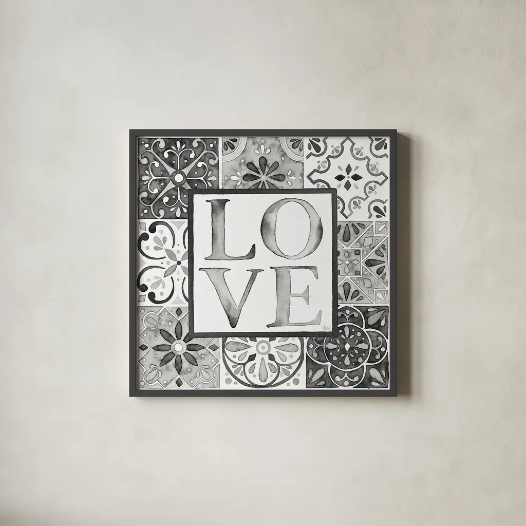 Garden Getaway Patchwork I Love BW by Laura Marshall. Shown in a sleek black glass frame for a contemporary gallery look. Available as an archival giclee rolled canvas, fine art paper, or poster print. SKU 34568a.