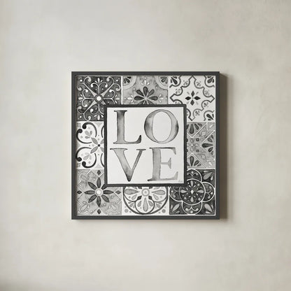 Garden Getaway Patchwork I Love BW by Laura Marshall. Shown in a sleek black glass frame for a contemporary gallery look. Available as an archival giclee rolled canvas, fine art paper, or poster print. SKU 34568a.