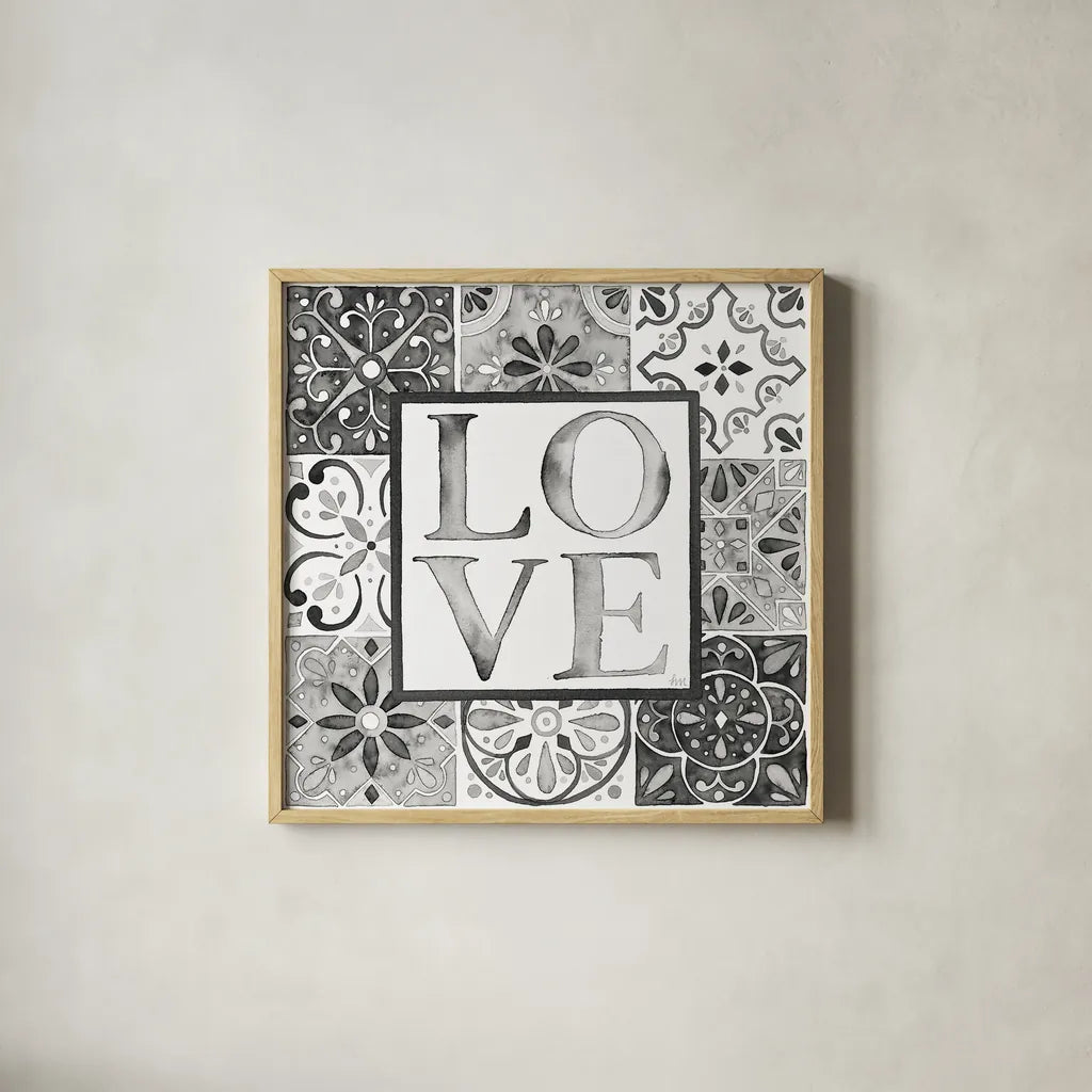 Garden Getaway Patchwork I Love BW by Laura Marshall. Shown in a natural wood glass frame for a timeless modern aesthetic. Available as an archival giclee rolled canvas, fine art paper, or poster print. SKU 34568a.