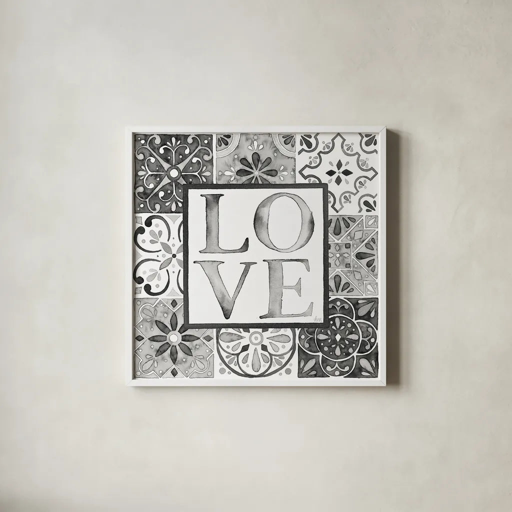 Garden Getaway Patchwork I Love BW by Laura Marshall. Shown in a crisp white glass frame for a clean and minimalist style. Available as an archival giclee rolled canvas, fine art paper, or poster print. SKU 34568a.
