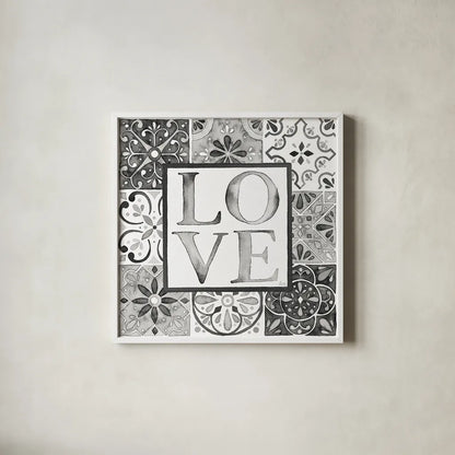 Garden Getaway Patchwork I Love BW by Laura Marshall. Shown in a crisp white glass frame for a clean and minimalist style. Available as an archival giclee rolled canvas, fine art paper, or poster print. SKU 34568a.