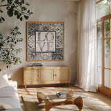 Garden Getaway Patchwork I Love BW by Laura Marshall. Shown in a natural wood frame in a cozy modern living room. Available as an archival giclee rolled canvas, fine art paper, or poster print. SKU 34568a.