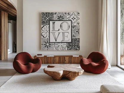 Garden Getaway Patchwork I Love BW by Laura Marshall. Shown as extra-large giant wall art in a modern living room. Available as an archival giclee rolled canvas, fine art paper, or poster print. SKU 34568a.