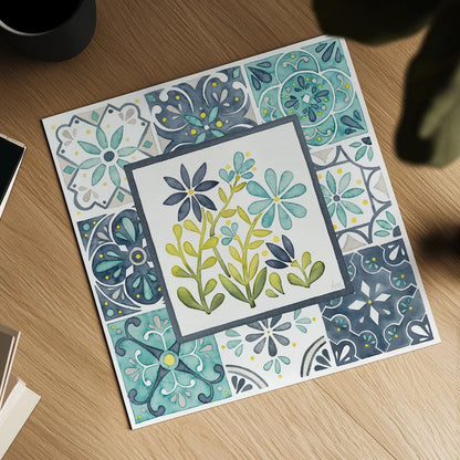 Garden Getaway Patchwork II by Laura Marshall. Shown as a detailed flat fine art print, highlighting archival giclee quality. Available as an archival giclee rolled canvas, fine art paper, or poster print. SKU 34450a.