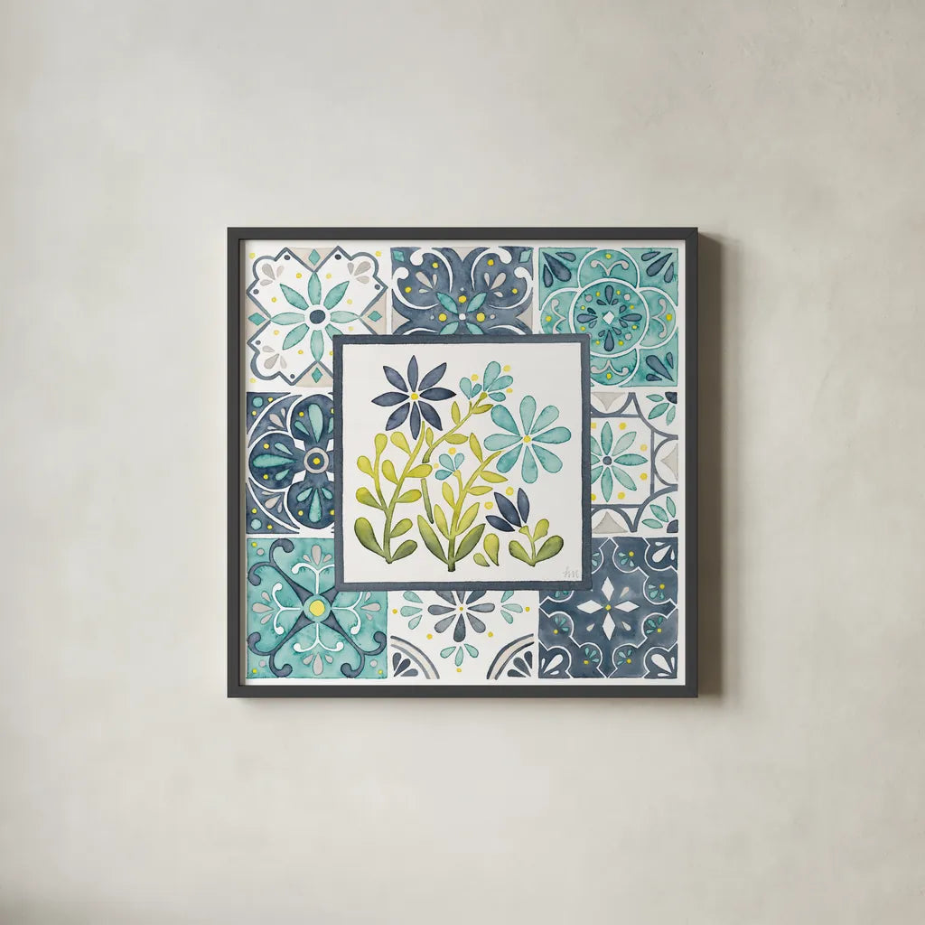 Garden Getaway Patchwork II by Laura Marshall. Shown in a sleek black glass frame for a contemporary gallery look. Available as an archival giclee rolled canvas, fine art paper, or poster print. SKU 34450a.
