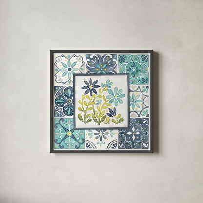 Garden Getaway Patchwork II by Laura Marshall. Shown in a sleek black glass frame for a contemporary gallery look. Available as an archival giclee rolled canvas, fine art paper, or poster print. SKU 34450a.