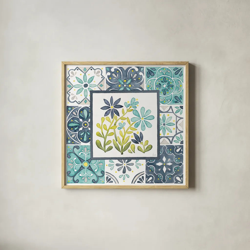Garden Getaway Patchwork II by Laura Marshall. Shown in a natural wood glass frame for a timeless modern aesthetic. Available as an archival giclee rolled canvas, fine art paper, or poster print. SKU 34450a.