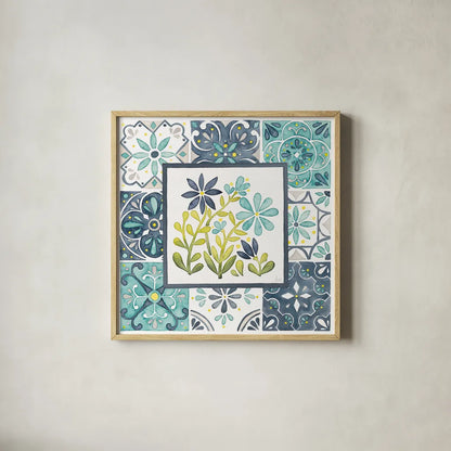 Garden Getaway Patchwork II by Laura Marshall. Shown in a natural wood glass frame for a timeless modern aesthetic. Available as an archival giclee rolled canvas, fine art paper, or poster print. SKU 34450a.