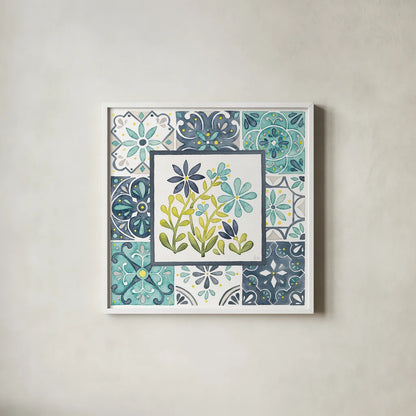 Garden Getaway Patchwork II by Laura Marshall. Shown in a crisp white glass frame for a clean and minimalist style. Available as an archival giclee rolled canvas, fine art paper, or poster print. SKU 34450a.