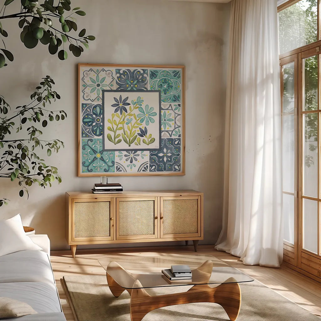 Garden Getaway Patchwork II by Laura Marshall. Shown in a natural wood frame in a cozy modern living room. Available as an archival giclee rolled canvas, fine art paper, or poster print. SKU 34450a.