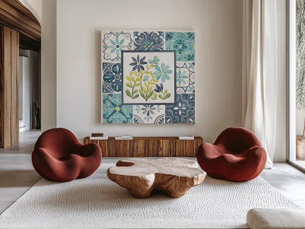 Garden Getaway Patchwork II by Laura Marshall. Shown as extra-large giant wall art in a modern living room. Available as an archival giclee rolled canvas, fine art paper, or poster print. SKU 34450a.