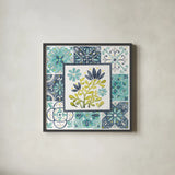 Garden Getaway Patchwork III by Laura Marshall. Shown in a sleek black glass frame for a contemporary gallery look. Available as an archival giclee rolled canvas, fine art paper, or poster print. SKU 34451a.