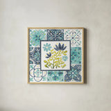 Garden Getaway Patchwork III by Laura Marshall. Shown in a natural wood glass frame for a timeless modern aesthetic. Available as an archival giclee rolled canvas, fine art paper, or poster print. SKU 34451a.