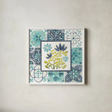 Garden Getaway Patchwork III by Laura Marshall. Shown in a crisp white glass frame for a clean and minimalist style. Available as an archival giclee rolled canvas, fine art paper, or poster print. SKU 34451a.