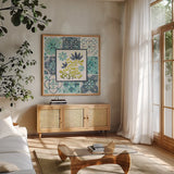 Garden Getaway Patchwork III by Laura Marshall. Shown in a natural wood frame in a cozy modern living room. Available as an archival giclee rolled canvas, fine art paper, or poster print. SKU 34451a.