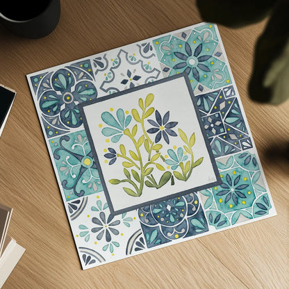 Garden Getaway Patchwork IV by Laura Marshall. Shown as a detailed flat fine art print, highlighting archival giclee quality. Available as an archival giclee rolled canvas, fine art paper, or poster print. SKU 34452a.