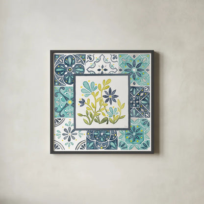 Garden Getaway Patchwork IV by Laura Marshall. Shown in a sleek black glass frame for a contemporary gallery look. Available as an archival giclee rolled canvas, fine art paper, or poster print. SKU 34452a.