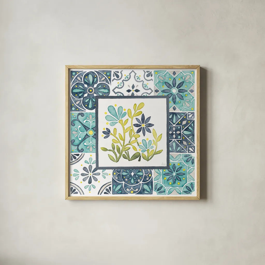 Garden Getaway Patchwork IV by Laura Marshall. Shown in a natural wood glass frame for a timeless modern aesthetic. Available as an archival giclee rolled canvas, fine art paper, or poster print. SKU 34452a.