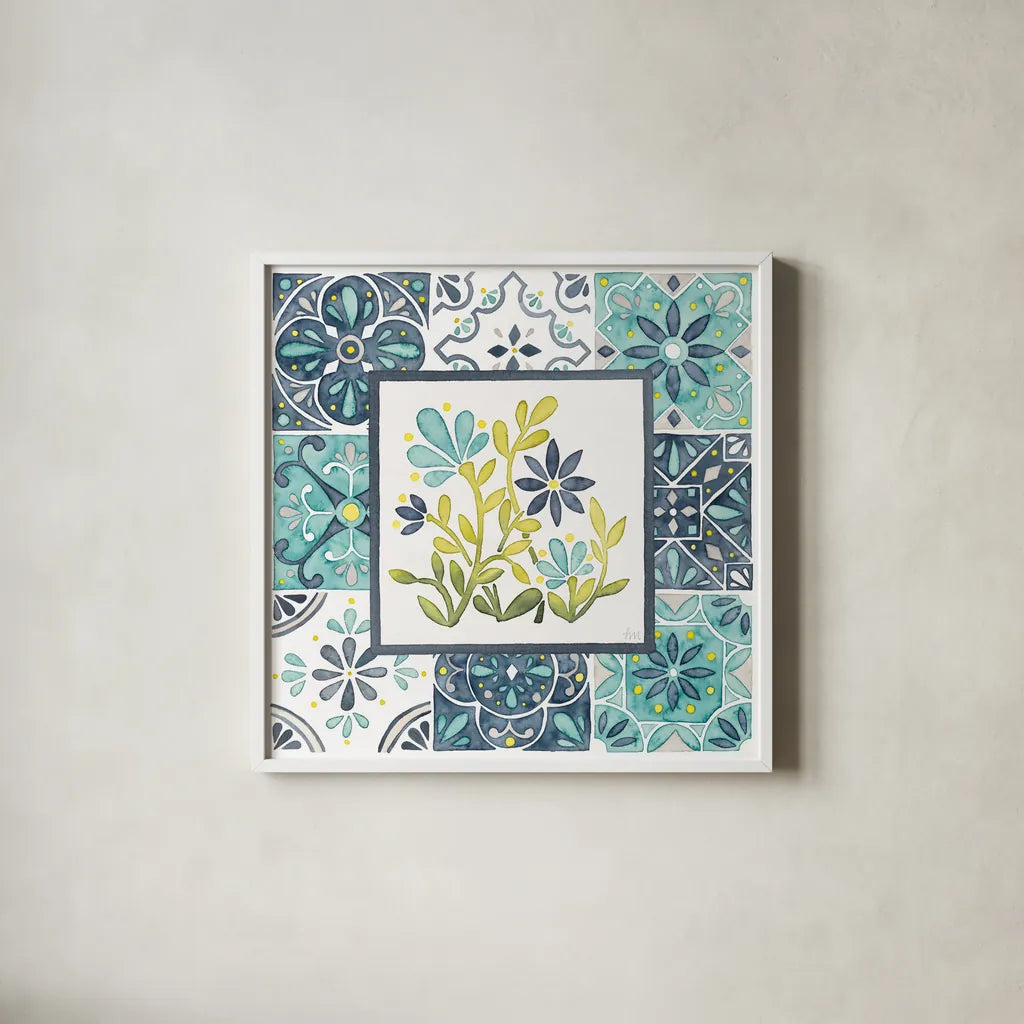 Garden Getaway Patchwork IV by Laura Marshall. Shown in a crisp white glass frame for a clean and minimalist style. Available as an archival giclee rolled canvas, fine art paper, or poster print. SKU 34452a.