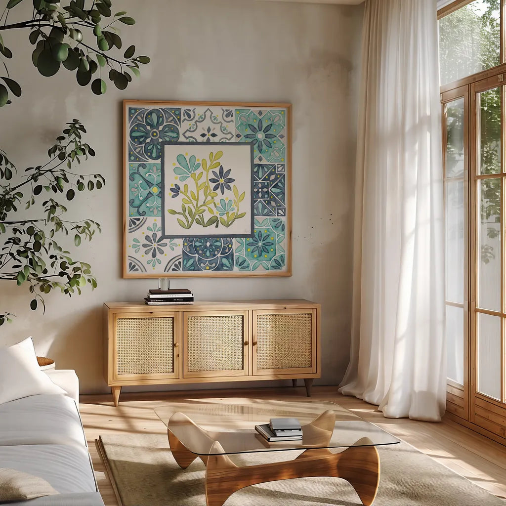 Garden Getaway Patchwork IV by Laura Marshall. Shown in a natural wood frame in a cozy modern living room. Available as an archival giclee rolled canvas, fine art paper, or poster print. SKU 34452a.