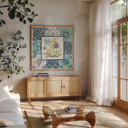 Garden Getaway Patchwork IV by Laura Marshall. Shown in a natural wood frame in a cozy modern living room. Available as an archival giclee rolled canvas, fine art paper, or poster print. SKU 34452a.