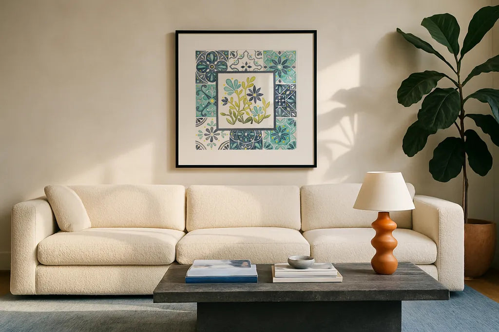 Garden Getaway Patchwork IV by Laura Marshall. Displayed in a glass frame with matte in a clean modern living room. Available as an archival giclee rolled canvas, fine art paper, or poster print. SKU 34452a.