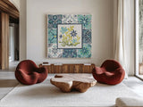 Garden Getaway Patchwork IV by Laura Marshall. Shown as extra-large giant wall art in a modern living room. Available as an archival giclee rolled canvas, fine art paper, or poster print. SKU 34452a.