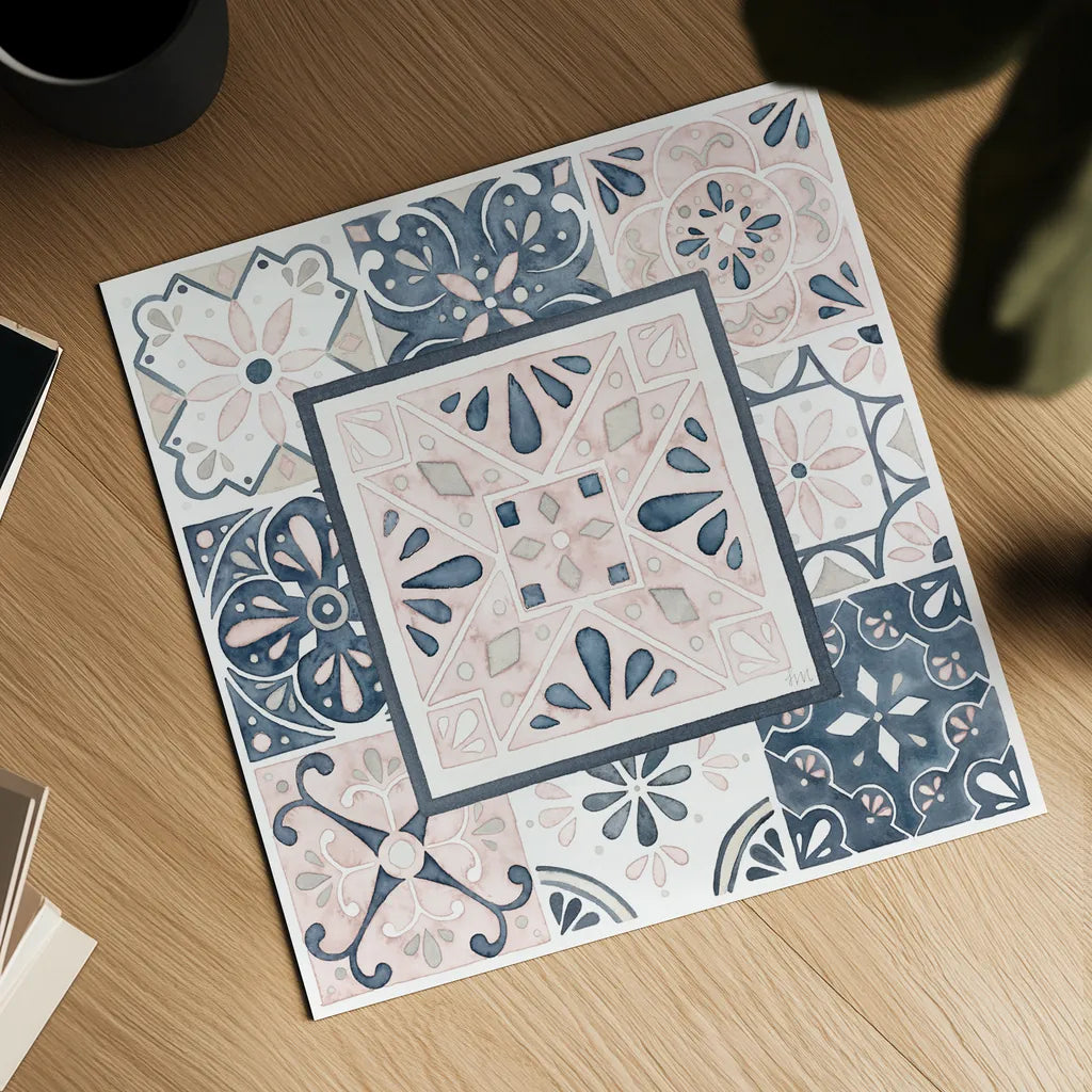 Garden Getaway Patchwork V Blush by Laura Marshall. Shown as a detailed flat fine art print, highlighting archival giclee quality. Available as an archival giclee rolled canvas, fine art paper, or poster print. SKU 35996a.