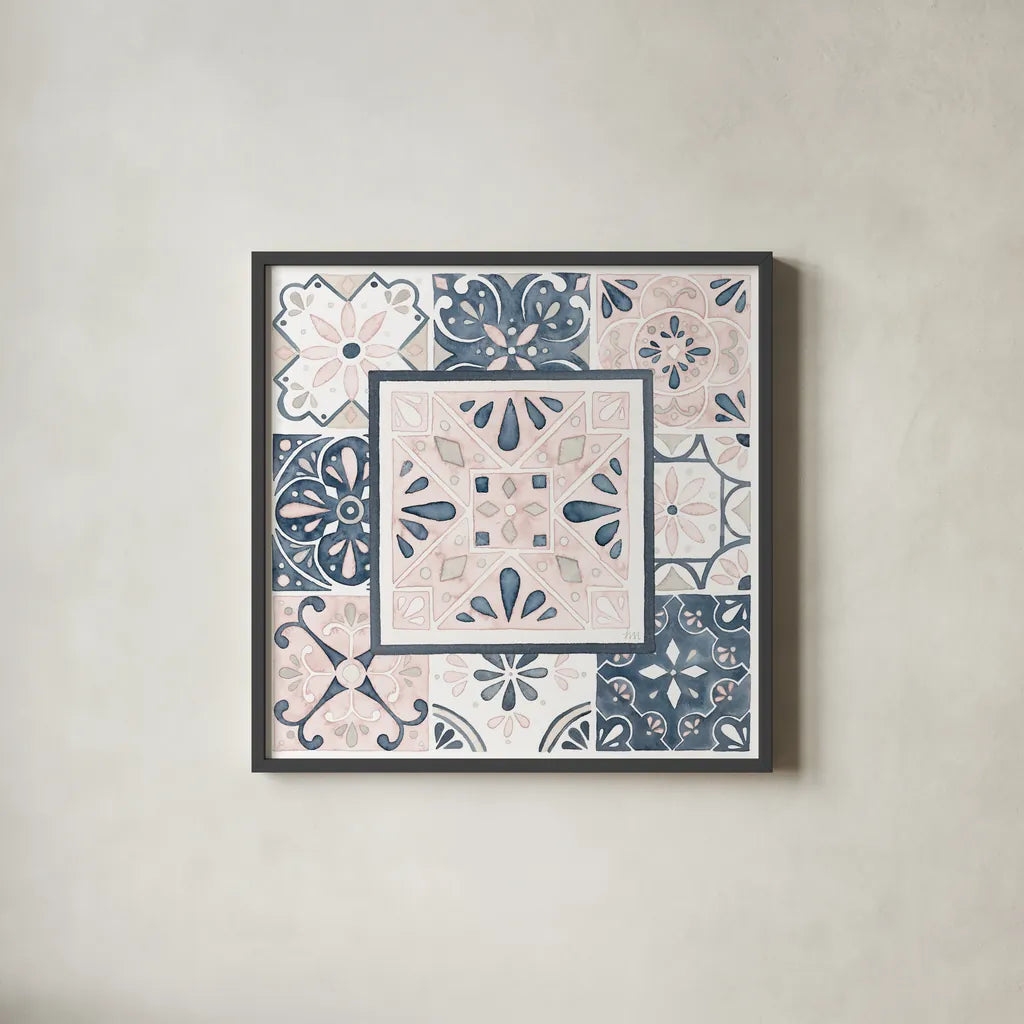Garden Getaway Patchwork V Blush by Laura Marshall. Shown in a sleek black glass frame for a contemporary gallery look. Available as an archival giclee rolled canvas, fine art paper, or poster print. SKU 35996a.