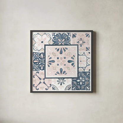 Garden Getaway Patchwork V Blush by Laura Marshall. Shown in a sleek black glass frame for a contemporary gallery look. Available as an archival giclee rolled canvas, fine art paper, or poster print. SKU 35996a.