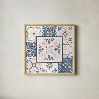 Garden Getaway Patchwork V Blush by Laura Marshall. Shown in a natural wood glass frame for a timeless modern aesthetic. Available as an archival giclee rolled canvas, fine art paper, or poster print. SKU 35996a.