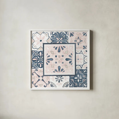 Garden Getaway Patchwork V Blush by Laura Marshall. Shown in a crisp white glass frame for a clean and minimalist style. Available as an archival giclee rolled canvas, fine art paper, or poster print. SKU 35996a.