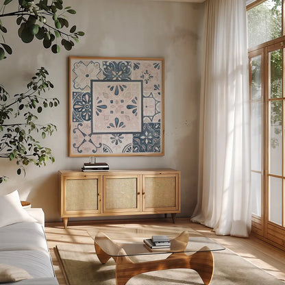 Garden Getaway Patchwork V Blush by Laura Marshall. Shown in a natural wood frame in a cozy modern living room. Available as an archival giclee rolled canvas, fine art paper, or poster print. SKU 35996a.