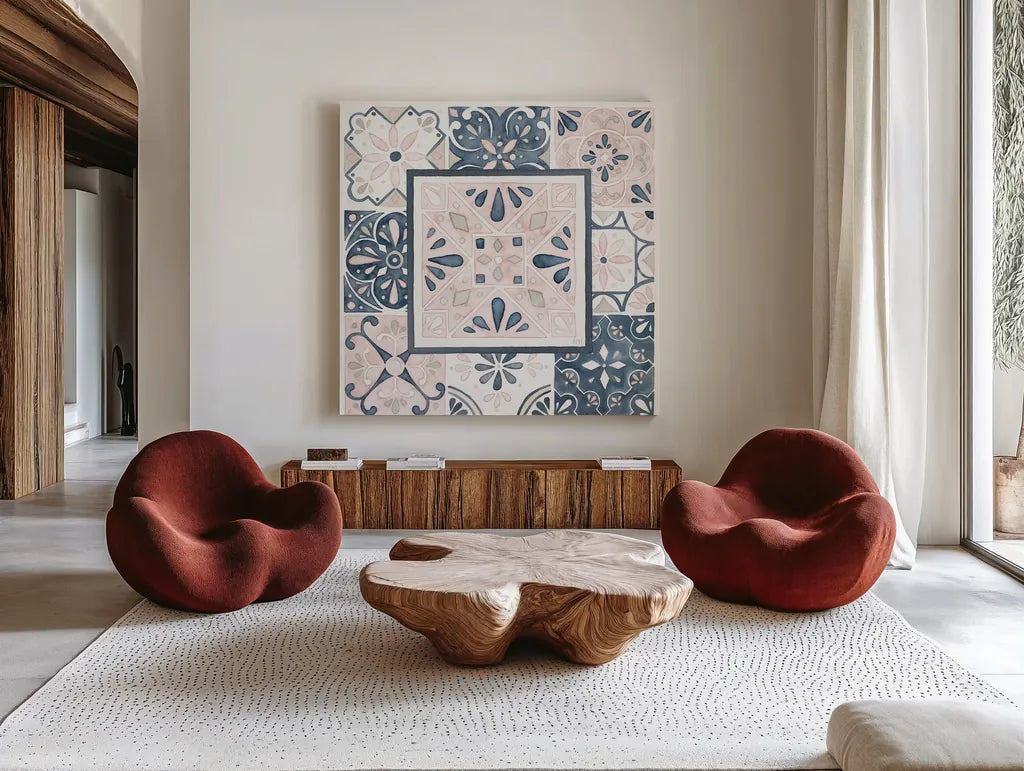 Garden Getaway Patchwork V Blush by Laura Marshall. Shown as extra-large giant wall art in a modern living room. Available as an archival giclee rolled canvas, fine art paper, or poster print. SKU 35996a.