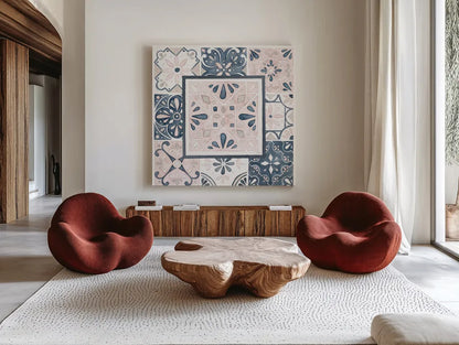 Garden Getaway Patchwork V Blush by Laura Marshall. Shown as extra-large giant wall art in a modern living room. Available as an archival giclee rolled canvas, fine art paper, or poster print. SKU 35996a.