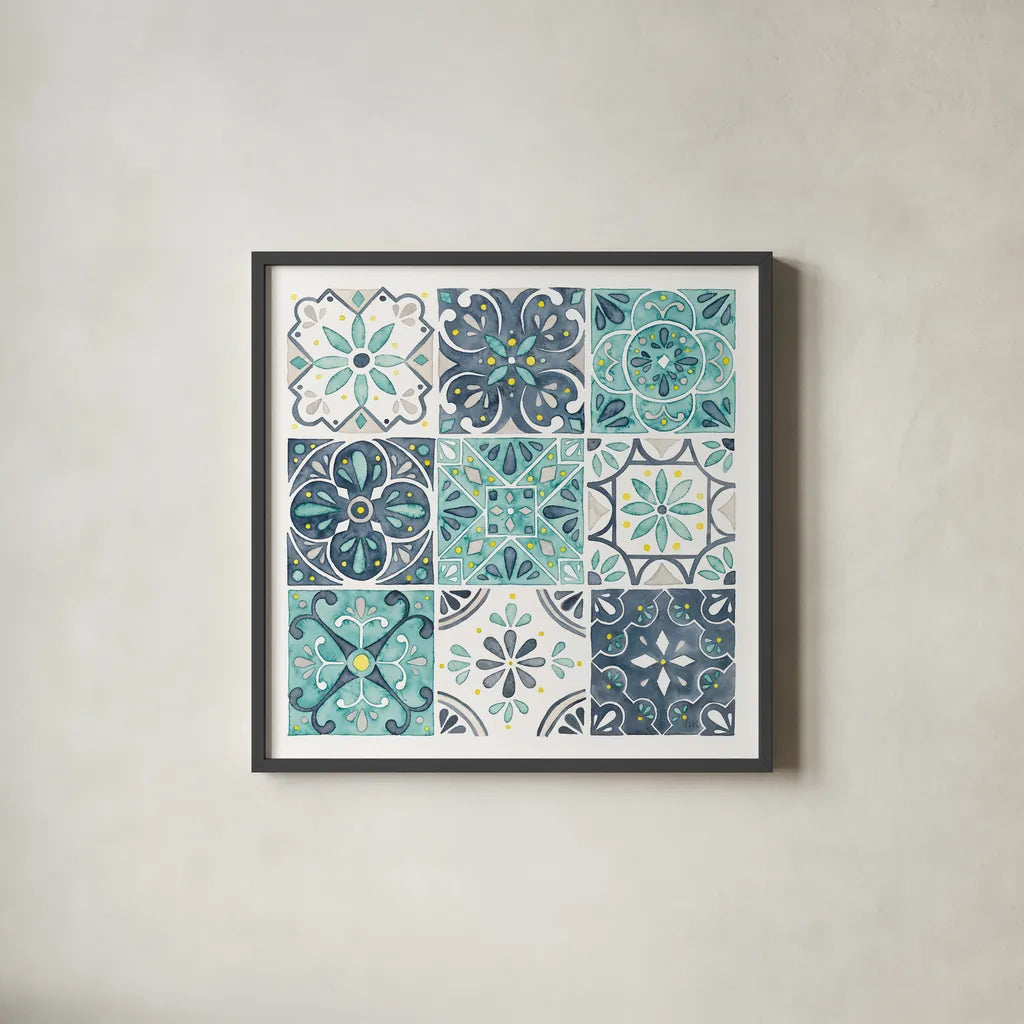 Garden Getaway Pattern I White Border by Laura Marshall. Shown in a sleek black glass frame for a contemporary gallery look. Available as an archival giclee rolled canvas, fine art paper, or poster print. SKU 42834a.