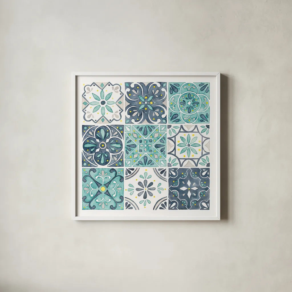 Garden Getaway Pattern I White Border by Laura Marshall. Shown in a crisp white glass frame for a clean and minimalist style. Available as an archival giclee rolled canvas, fine art paper, or poster print. SKU 42834a.