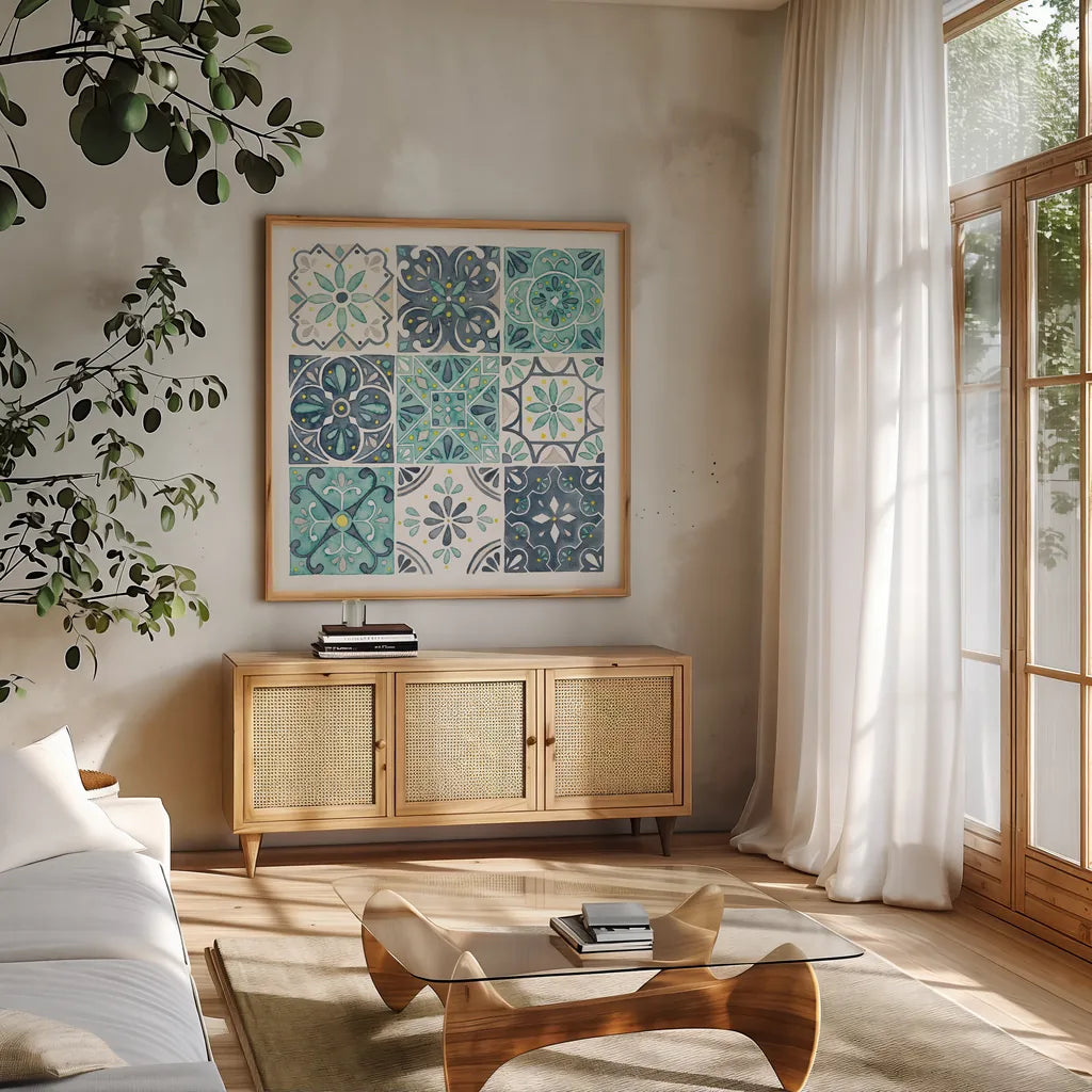 Garden Getaway Pattern I White Border by Laura Marshall. Shown in a natural wood frame in a cozy modern living room. Available as an archival giclee rolled canvas, fine art paper, or poster print. SKU 42834a.