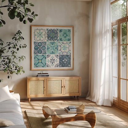 Garden Getaway Pattern I White Border by Laura Marshall. Shown in a natural wood frame in a cozy modern living room. Available as an archival giclee rolled canvas, fine art paper, or poster print. SKU 42834a.