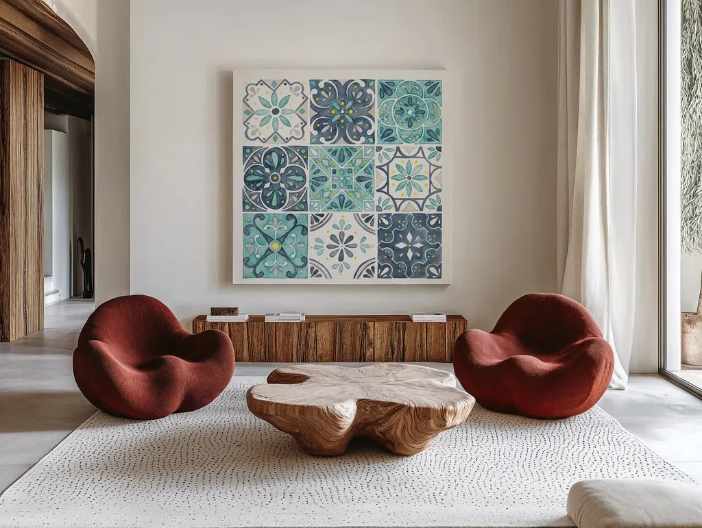 Garden Getaway Pattern I White Border by Laura Marshall. Shown as extra-large giant wall art in a modern living room. Available as an archival giclee rolled canvas, fine art paper, or poster print. SKU 42834a.